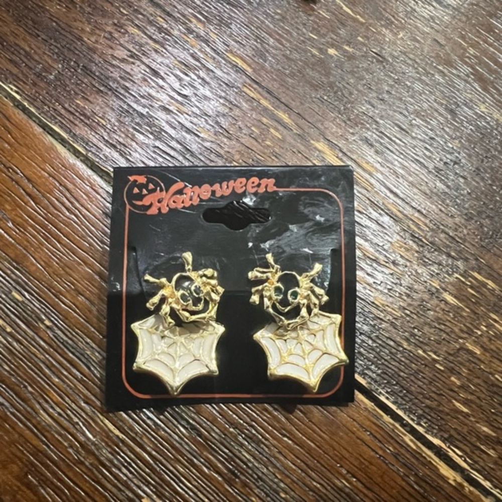 Gold Spider Web Earrings with Black Accents